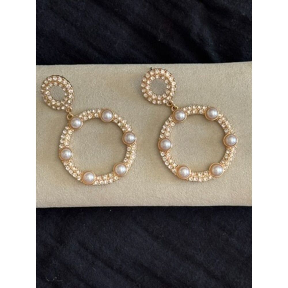 Gold Tone Faux Pearl Rhinestone Circle Drop Statement Earrings